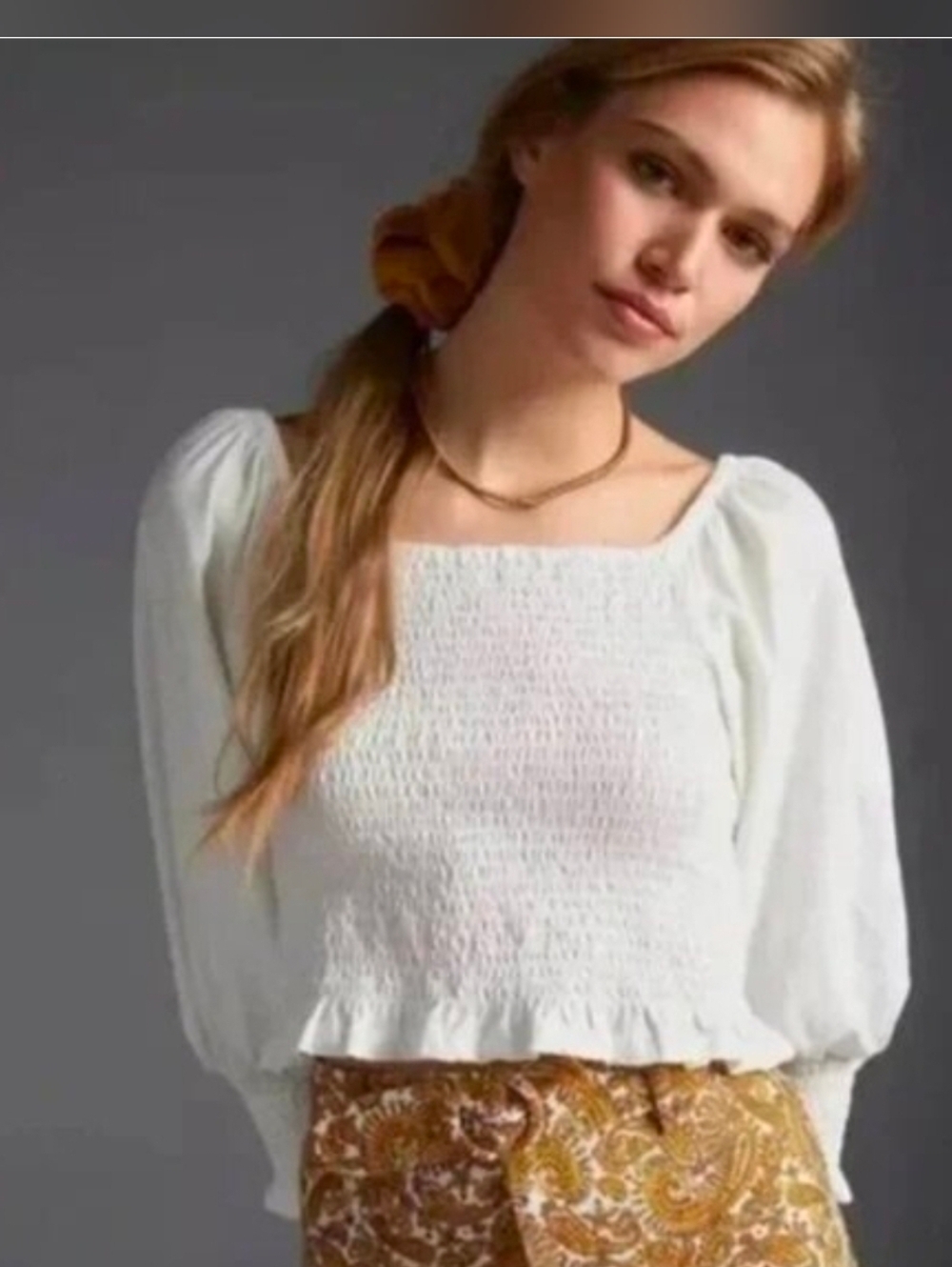 Pilcro Anthropologie | White Balloon Sleeve Ginny Smocked Crop Top Size Large